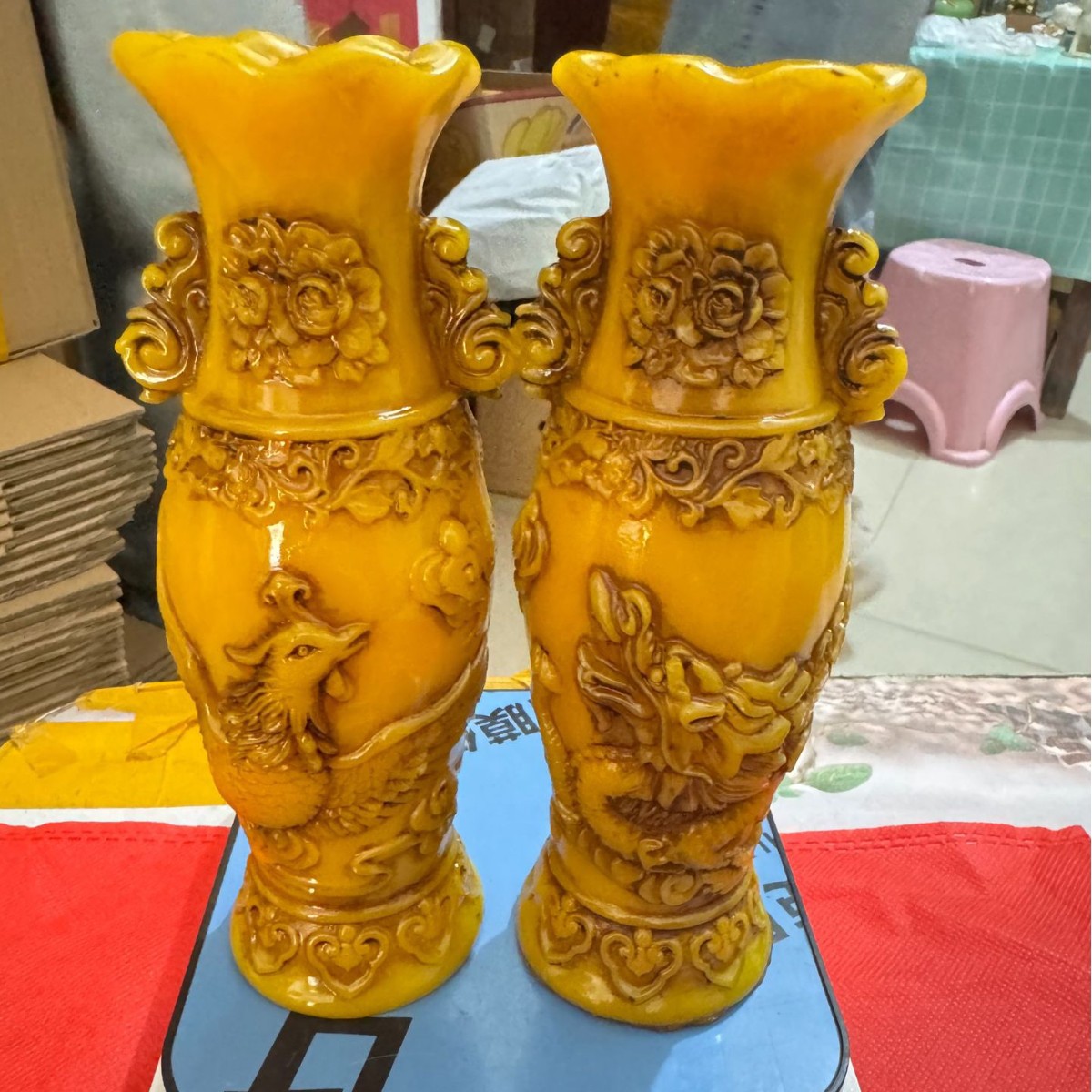 厂家批发仿古树脂龙凤花瓶摆设仿寿山石龙凤花瓶一对家居摆件