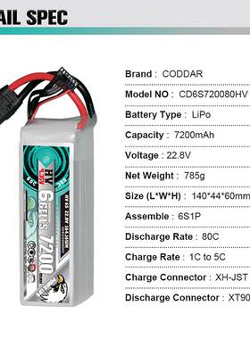 CODDAR鹰氪7200MAH 6S 22.8V 80C航模固定翼90涵道直升机高压锂电