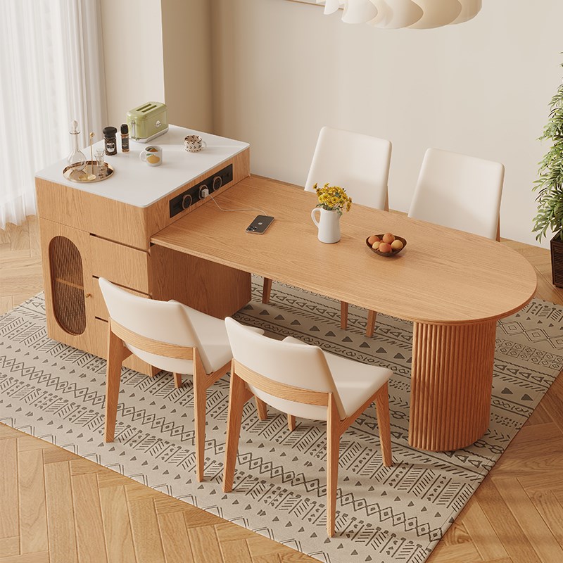 实木岛台餐桌一体可伸缩原木风餐桌椅组合小户型中倒台简约饭桌