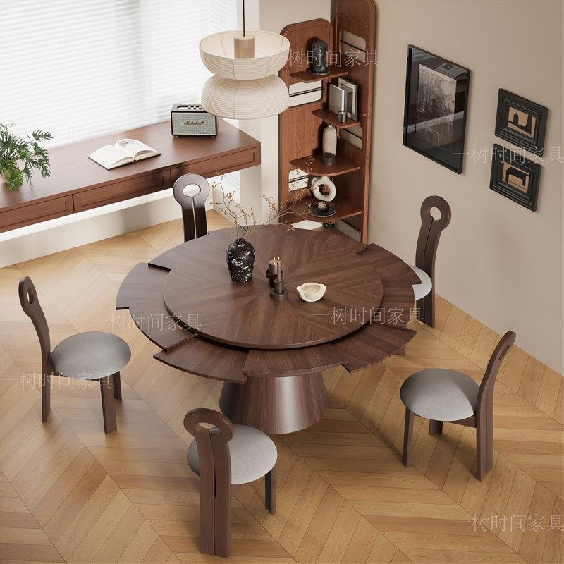 设计师款变形圆桌中古风实木旋转伸缩餐桌小户型法式复古折叠饭桌