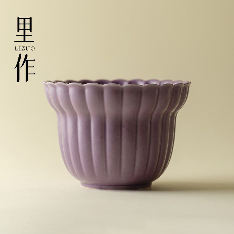 里作大容量陶瓷建水原矿釉野菊紫花瓣水盂精致手工茶渣缸茶道配件