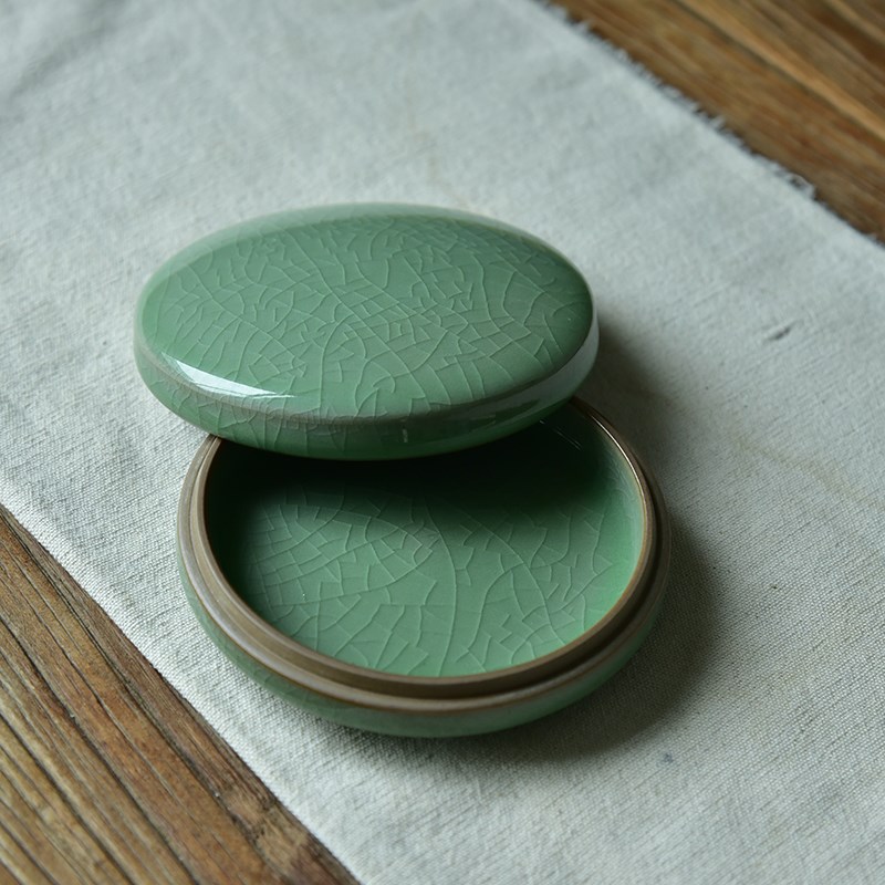 涵青堂手工龙泉青瓷印泥缸开片哥窑印泥盒书法陶瓷空盒高盖印色池