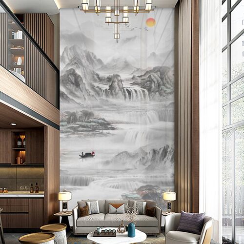 复式楼房挑高玄关别墅客厅电视背景墙壁画沙发墙布水墨山水3d墙纸
