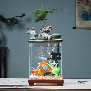 新款 饰造景加湿 国潮陶瓷流水金鱼缸自动增氧摆件玻璃循环水桌面装