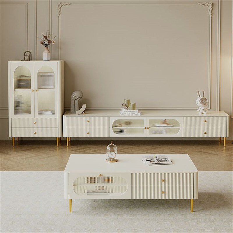 法式茶几电视柜奶油风客厅现代简约小户型实木落地白色地柜