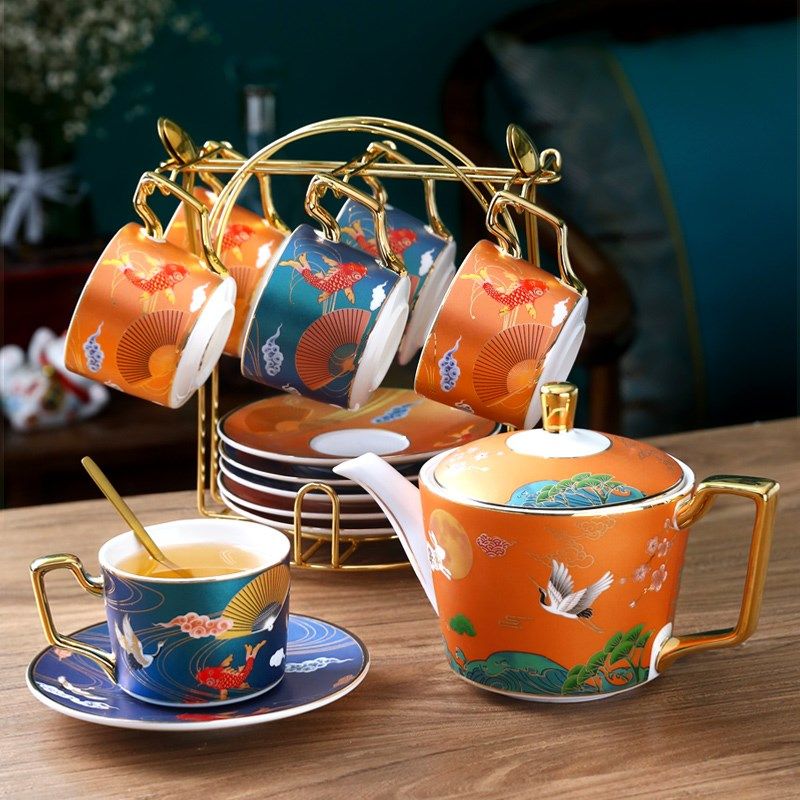 中式下午茶茶具套装创意家用陶瓷水杯客厅整套咖啡杯碟勺送礼杯子