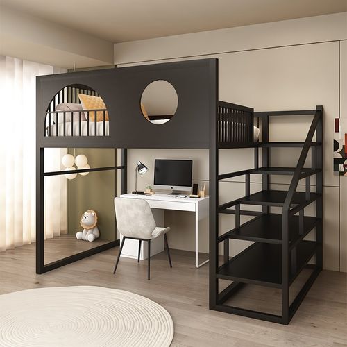 高架床带步梯单上层二层阁楼床覆式二楼高低床交错式错位上床下桌