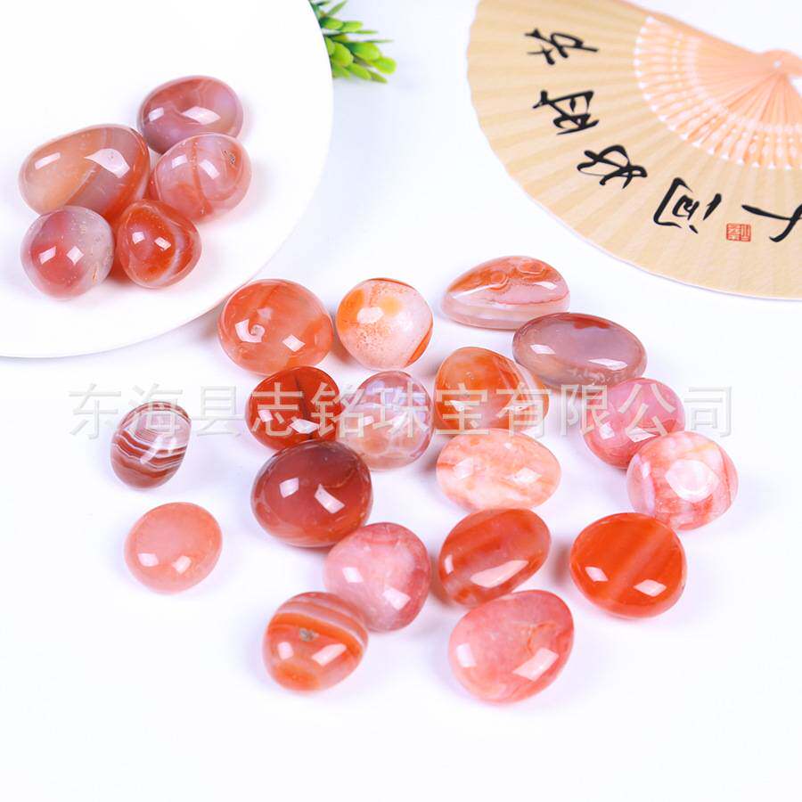 天然红玉髓滚石装饰摆件carnelian玛瑙鱼缸盆栽造景石儿童淘矿石