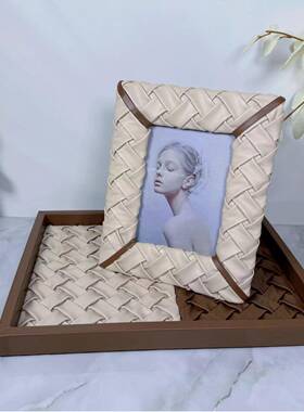 纯手轻奢编质织皮托盘客厅茶XZJ几关桌面编织相框家用玄办公摆件