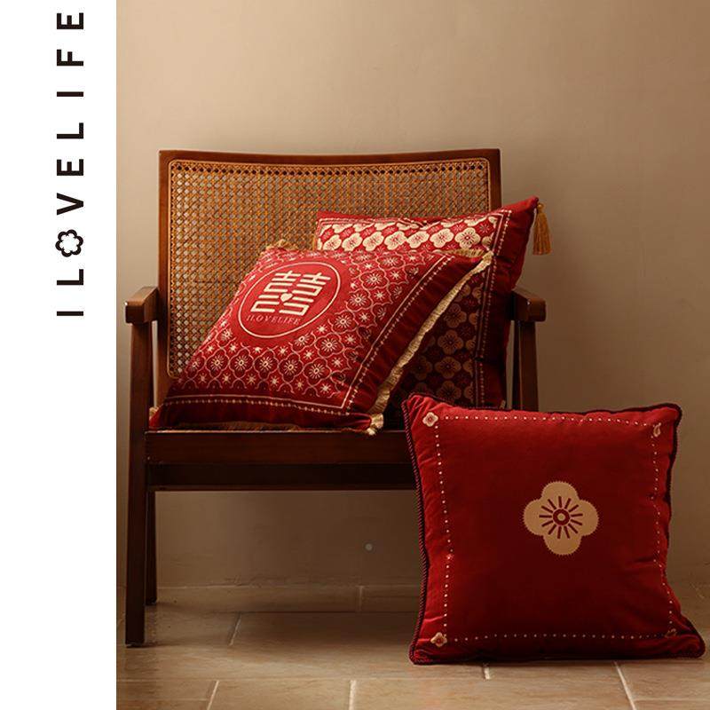 结婚喜字抱枕发客厅靠HY689r4t轻感中式复古奢婚房婚庆红色枕沙可