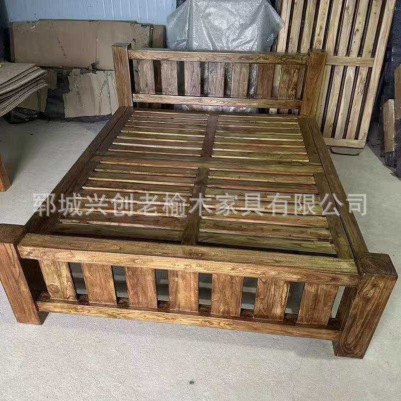 中式老榆木双人床现代简约原木大床榫卯实木床双人榻榻米拼接床