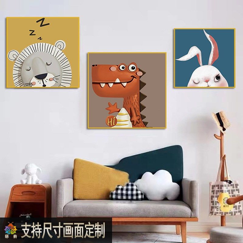 男孩房间卡通动物挂画卧室床头正方形壁画现代儿童房墙面的装饰画