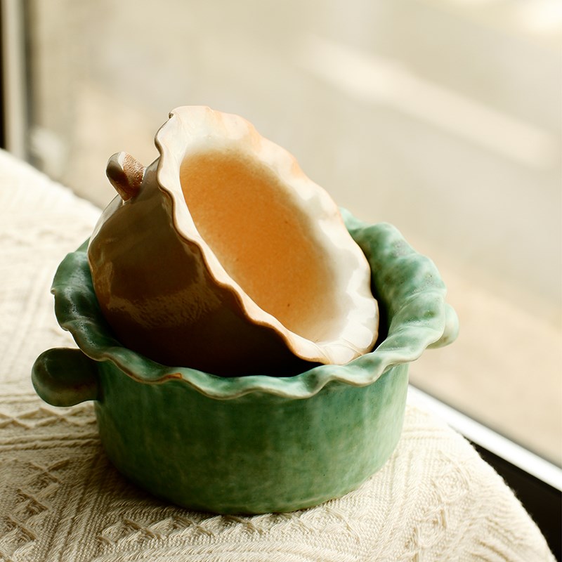 川泽烧2024新款手捏裙边双耳燕窝甜品碗家用饭碗燕麦宝宝辅食碗