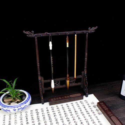 鸡翅木12针小号毛笔笔挂红木龙头6挂笔架展示实木书法文房四宝
