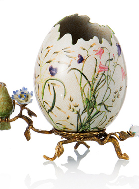 欧式陶瓷镶铜装饰小鸟缺口蛋形花瓶花插摆设工艺礼品摆饰书房笔筒