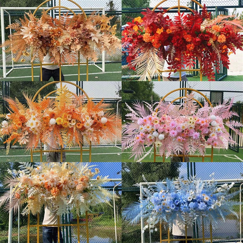 新款婚庆花排红色香槟色蓝色地排花婚礼舞台装饰花艺摆件路引花