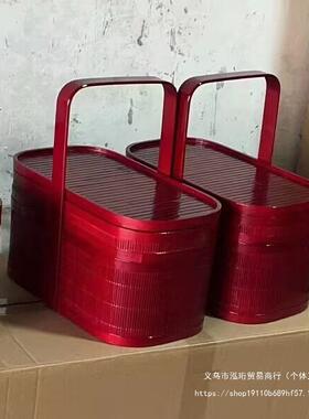 竹篮篮手提竹编带盖古双佛层野餐篮拜拜神祭典祖香篮红色收纳F97J