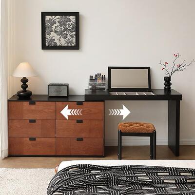 中古风实木梳妆胡台斗柜一体收桌复古EBS黑桃床尾纳柜转缩角伸化