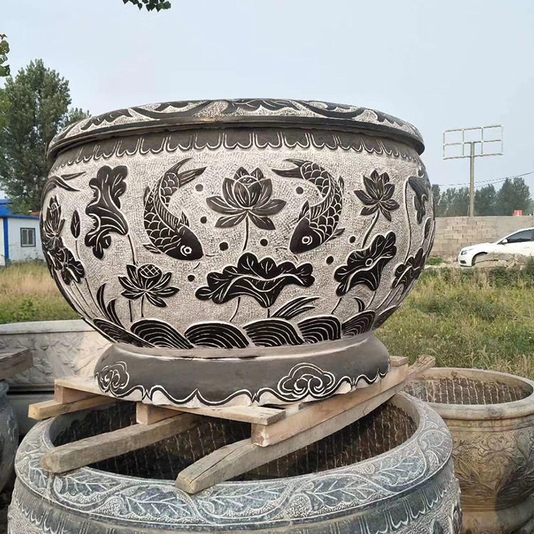 仿古石缸雕花鱼石头花盆石槽养鱼庭院圆形石水缸款式可定 制