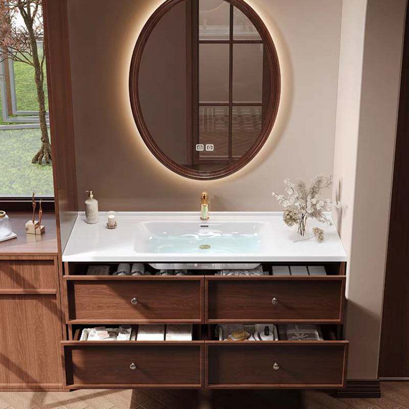 新中式中古风浴室柜组合橡木洗手洗脸盆洗漱台岩板热弯陶瓷一体盆