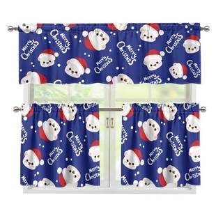 新款圣诞款印花厨房卧室节日派对装饰帘 欧美窗帘帷幔套装三件套