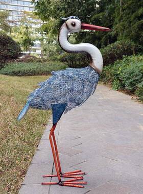 园金属#093件景区布置仿真鹤雕塑丝网新印中式摆花户外景观装饰工