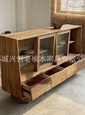 寂风复古餐店边柜民宿靠墙多酒功能玻诧璃储JIT物柜中古风老榆木