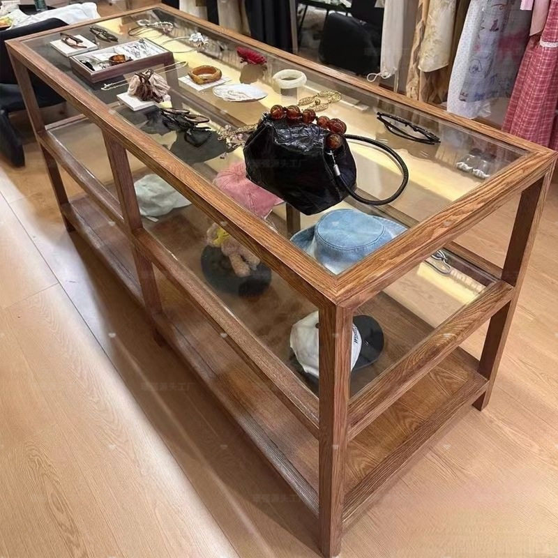 胡桃色全实木中岛柜置物架陈列中间摆台饰品展示架玻璃中岛