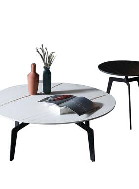 意式极简客理石茶几圆形碳素钢岩板茶几组合大轻C9059奢设计师厅