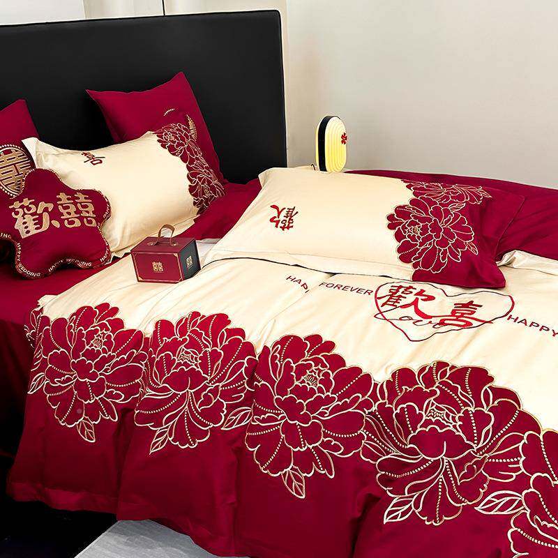 100S全棉长棉婚庆色四件套红喜庆刺绣单纯棉床被套结婚TMM24092床