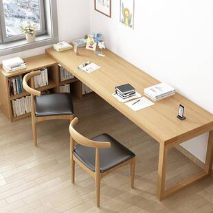家用带拐角L型办公桌原木43544风格子书柜柜转角实书腿桌卧木室双人桌
