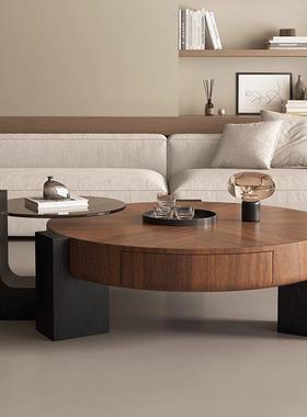 现代意式极简圆师合形实木中古风茶几组轻奢设计小型EEH户客厅茶