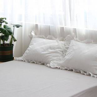 带仙气纯棉荷叶边枕套一对单人枕头套纯色白色公主风粉色韩式花边