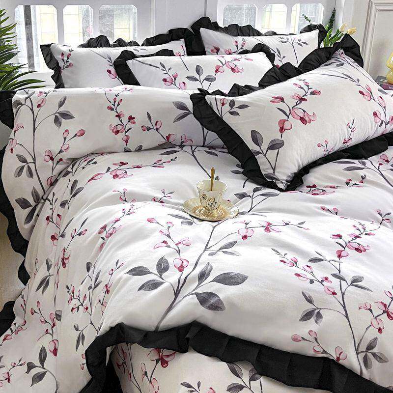 赫风VCS毛花边床单本四件宿套床上用品韩版磨黑白复古学生舍三件