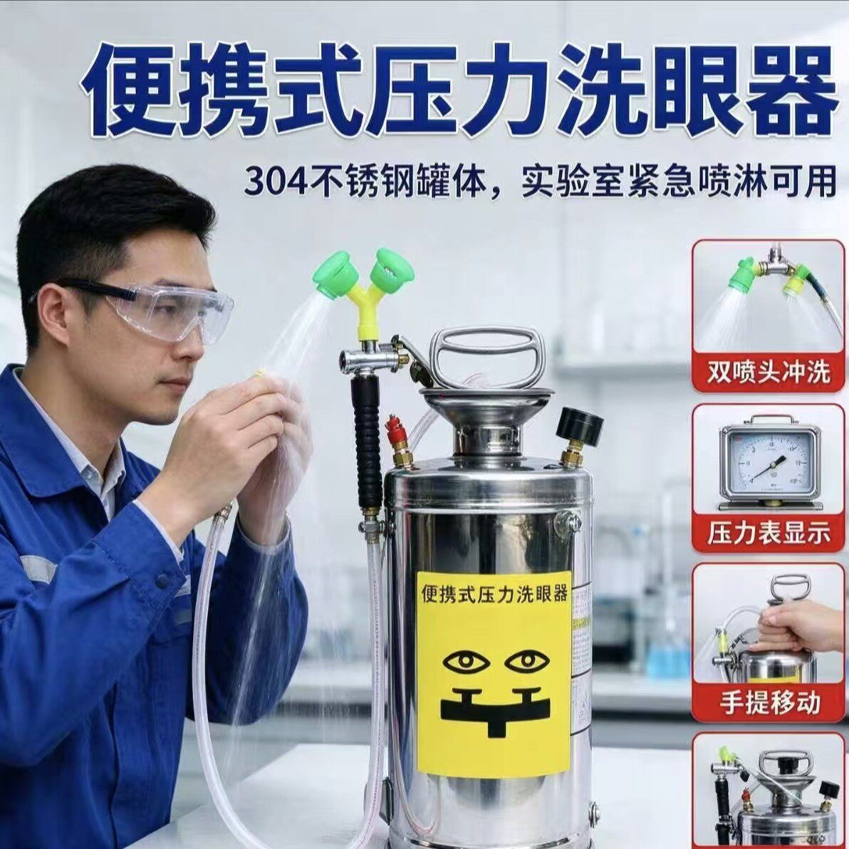 304洗眼器工业验厂不锈钢便携式实验室用紧急喷淋实验室专用
