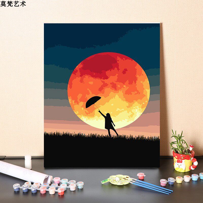 数字油画diy手工填充追梦的人手绘手捞月亮夜晚风景涂色油彩画画