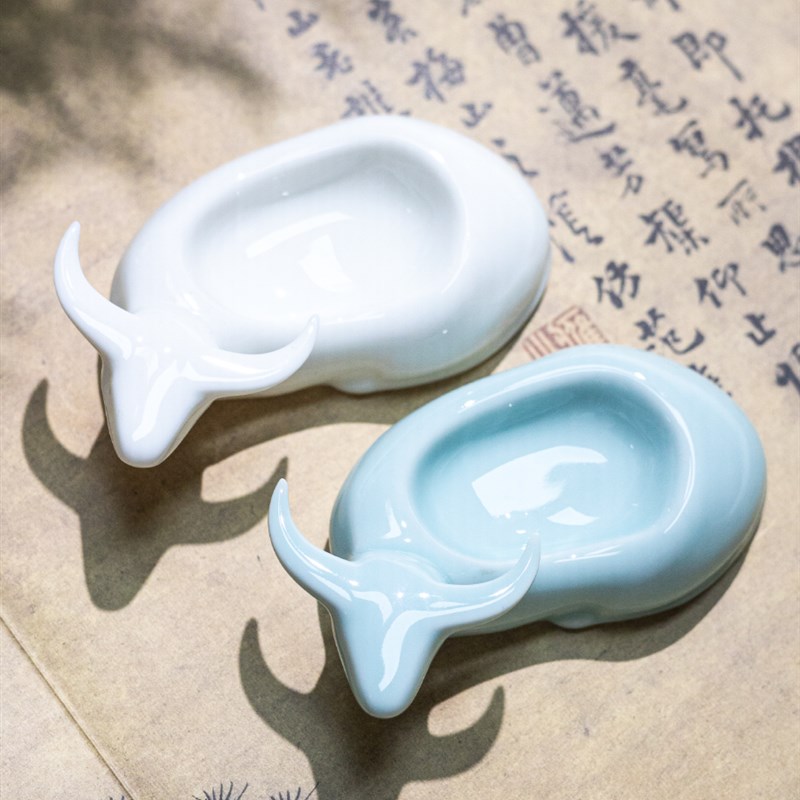 牧牛墨碟多功能陶瓷墨碟笔舔笔搁盛墨汁墨池砚台初学者书房摆件