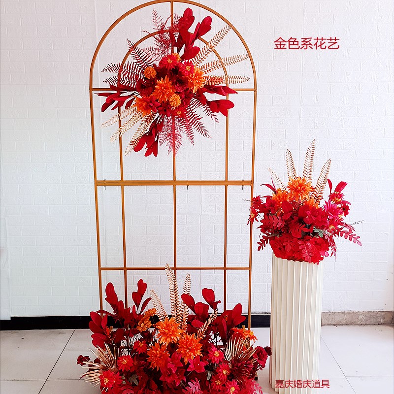 新款婚庆道具金色路引白色铁艺几何屏风花田喜事花架森系花艺拱门