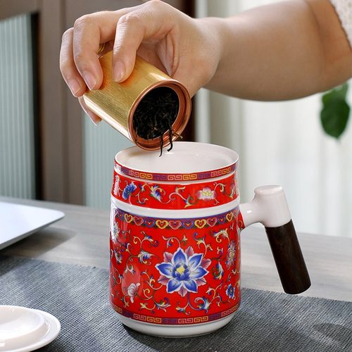 现代办公室茶杯个人杯珐琅彩陶瓷杯子带盖过滤网分离家用泡茶杯子