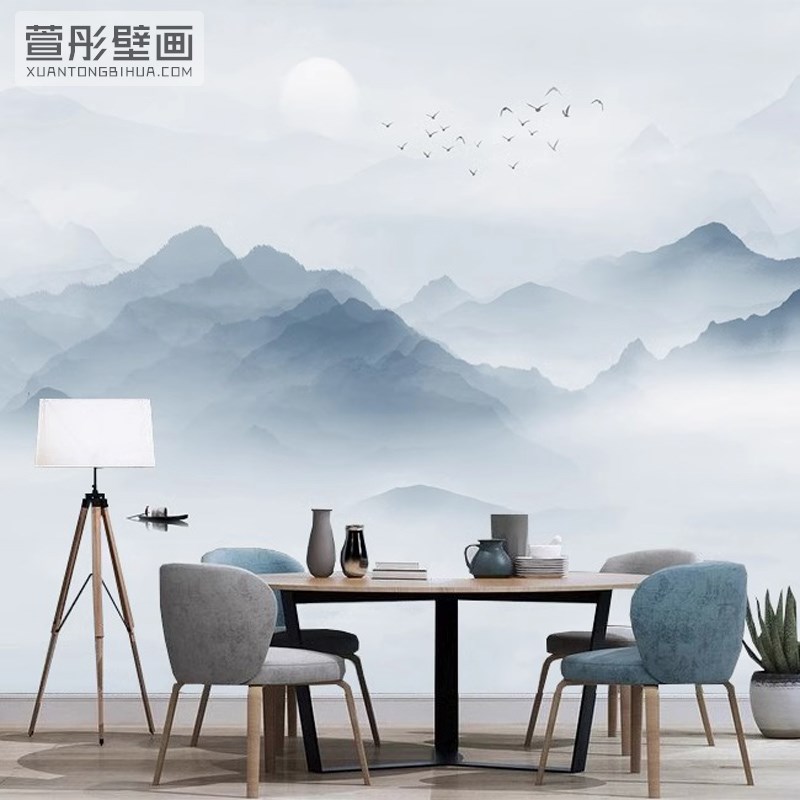 中式电视背景墙壁布山水画墙纸书房壁纸客厅墙布茶室墙贴包厢壁画