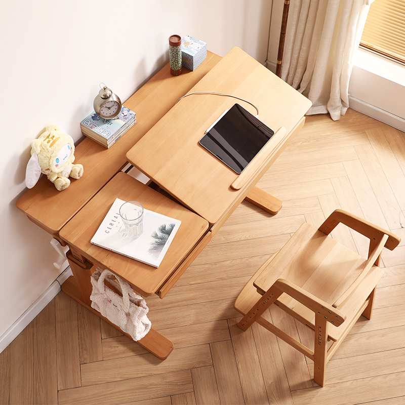 实木书桌儿童学习桌学生家用简约现代榉木可升降调节书桌多功能