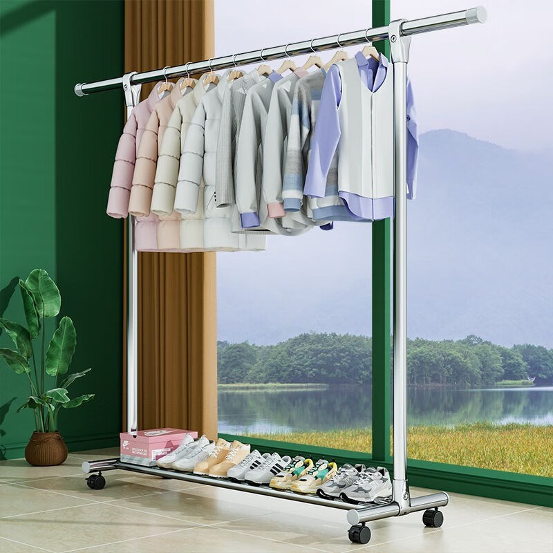 不锈钢晾衣架单杆式落地室内家用晾衣杆式阳台晒衣架卧室挂衣架