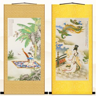 吹箫引凤图 箜篌图仕女抚琴人物卷轴挂画 书房绢布丝绸装饰画定制