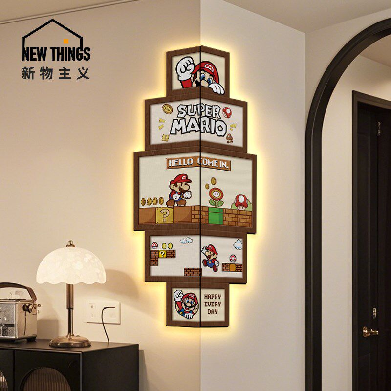 卡通马里奥玄关转角装饰画客厅拐角画儿童房墙壁布置挂画带灯壁画