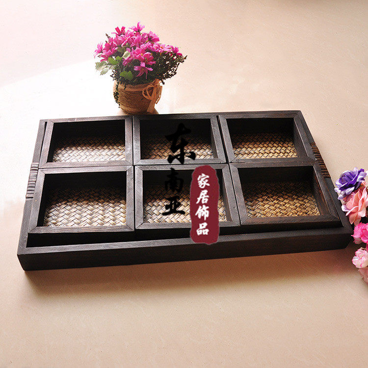 泰国竹编木质干果盘分格 东南亚创意零食盘瓜子盘糖果盘七件套