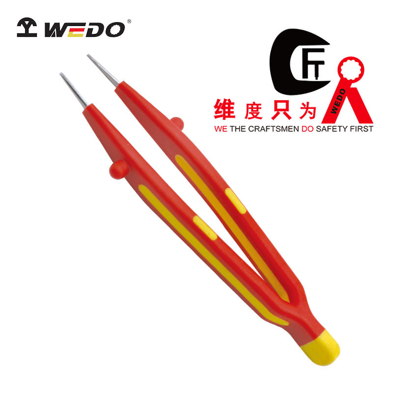 WEDO维度双色绝缘弯尖横齿镊子钳绝缘耐压多功能夹持工具厂家直供