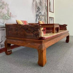 老榆木实木罗汉床客厅沙发床榻禅意雕花家具中式老榆木榫卯罗汉床