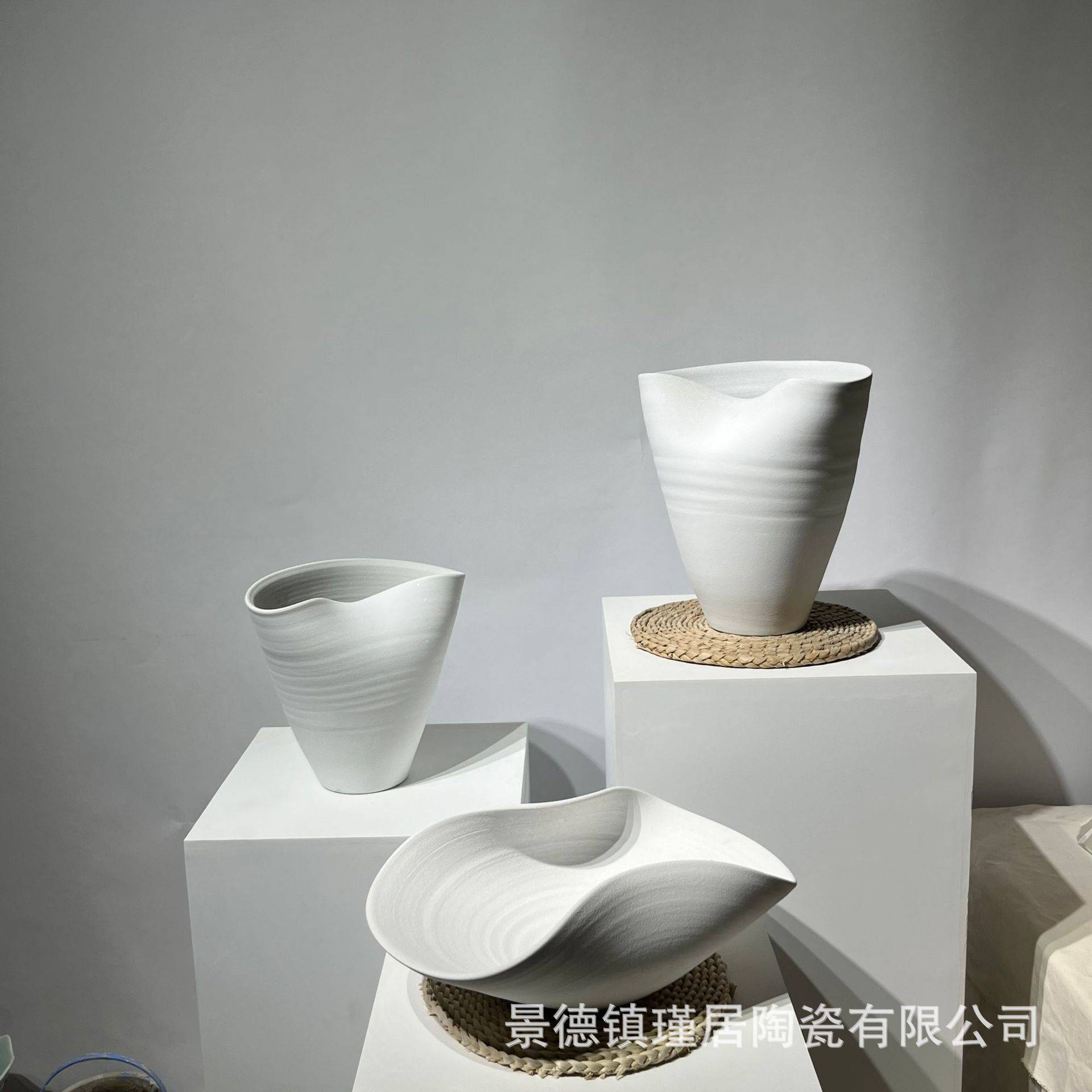 新中式手工拉柸三件套异形花瓶、果盘、现代简约家居软装创意摆件