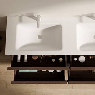 双盆中古风浴室柜岩板热弯一体台盆洗漱台洗脸盆龙头墙排可不开孔