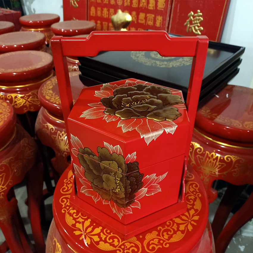 推光漆器手工彩绘三层带盖六角提盒堆漆贴金牡丹传统漆画工艺食盒